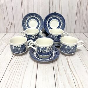 VTG Set 5 Churchill Blue Willow Coffee Tea Cups and Saucers Made in England MCM